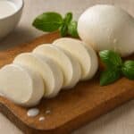 Fette di fior di latte fresco su tagliere con basilico e latte