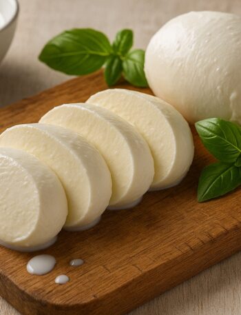 Fette di fior di latte fresco su tagliere con basilico e latte