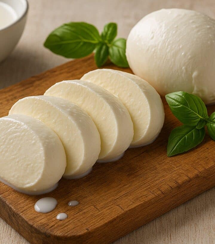 Fette di fior di latte fresco su tagliere con basilico e latte