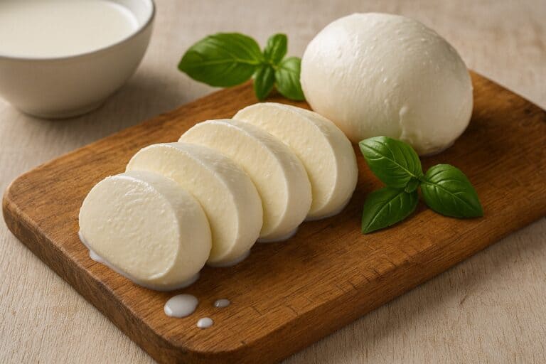 Fette di fior di latte fresco su tagliere con basilico e latte