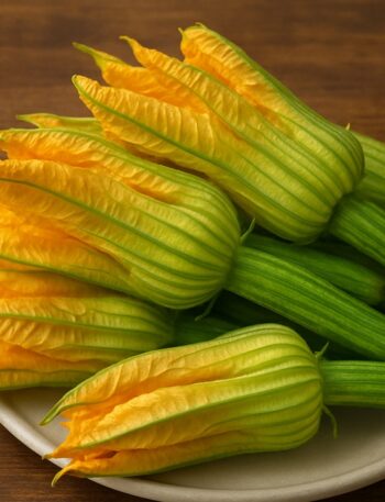 Mazzo di fiori di zucca gialli con gambo verde disposti su piatto chiaro