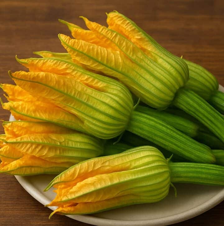 Mazzo di fiori di zucca gialli con gambo verde disposti su piatto chiaro