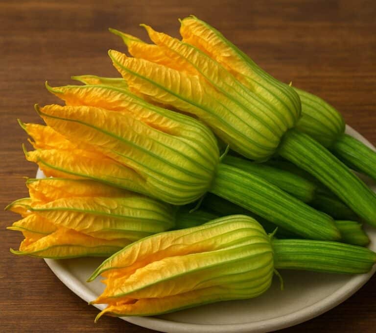 Mazzo di fiori di zucca gialli con gambo verde disposti su piatto chiaro