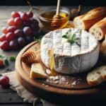 Primo piano di un pezzo di formaggio Brie con crosta bianca e interno cremoso, posato su una tavola rustica con pane e frutta.
