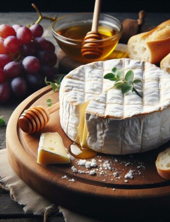 Primo piano di un pezzo di formaggio Brie con crosta bianca e interno cremoso, posato su una tavola rustica con pane e frutta.