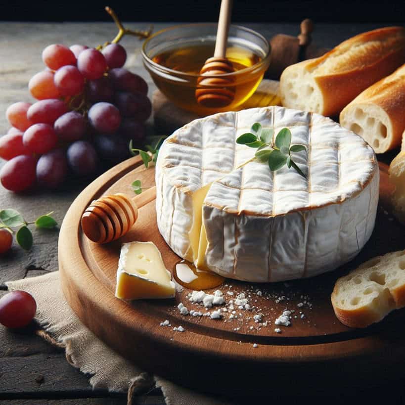 Primo piano di un pezzo di formaggio Brie con crosta bianca e interno cremoso, posato su una tavola rustica con pane e frutta.