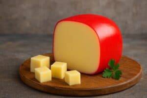 Formaggio Edam intero con cera rossa e cubetti su tagliere in legno
