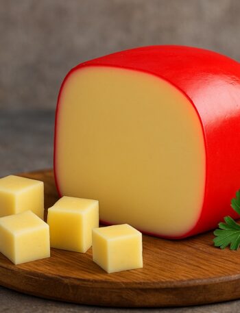 Formaggio Edam intero con cera rossa e cubetti su tagliere in legno