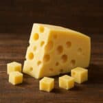 Spicchio di Emmental con grandi occhi accanto a cubetti disposti su tavolo in legno
