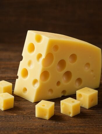 Spicchio di Emmental con grandi occhi accanto a cubetti disposti su tavolo in legno