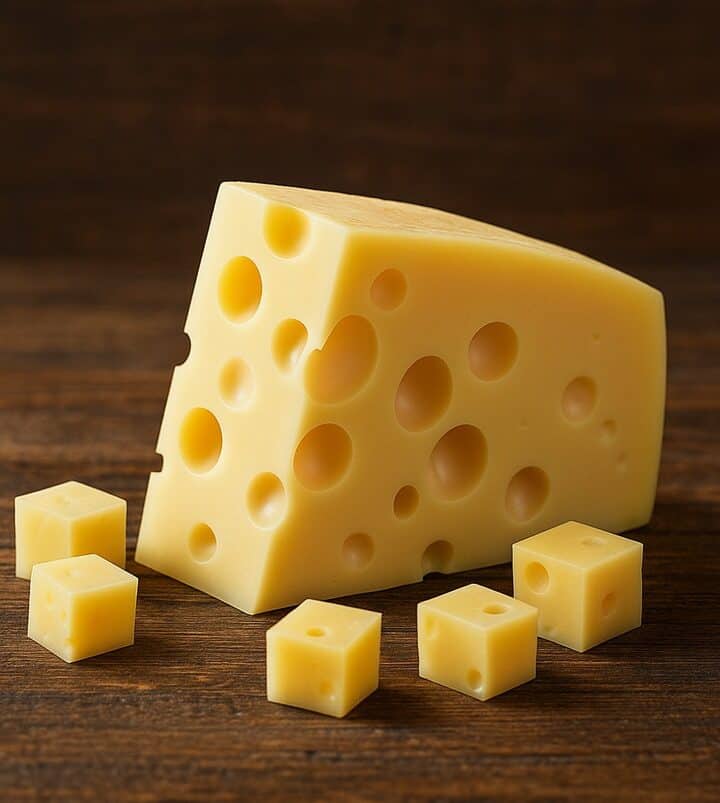 Spicchio di Emmental con grandi occhi accanto a cubetti disposti su tavolo in legno