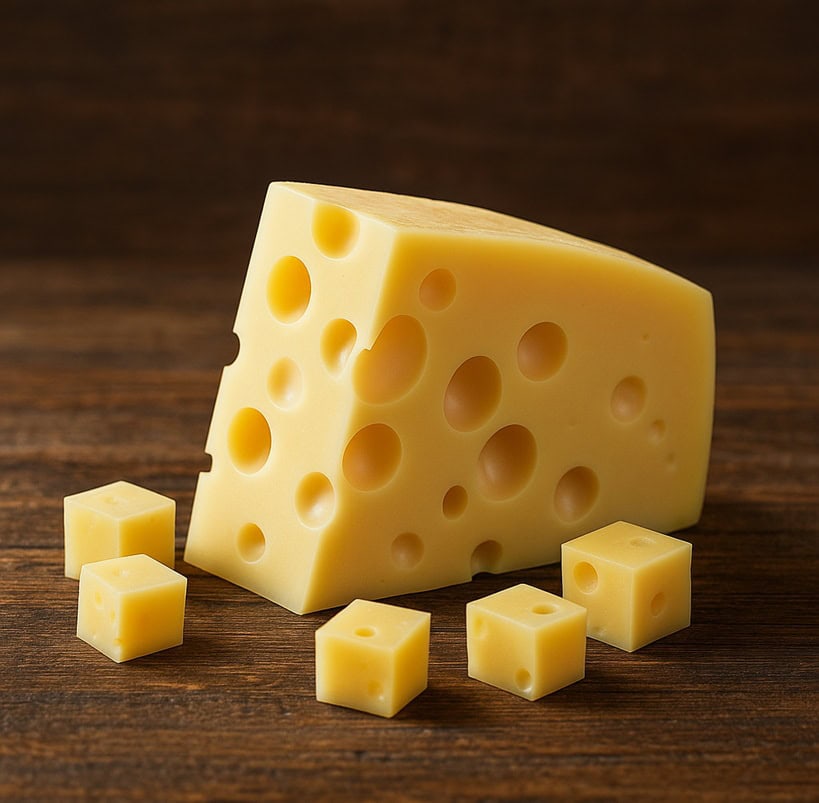 Spicchio di Emmental con grandi occhi accanto a cubetti disposti su tavolo in legno