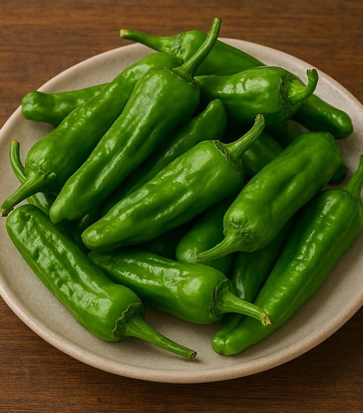 Peperoncini friggitelli verdi crudi disposti su piatto chiaro sopra tavolo rustico