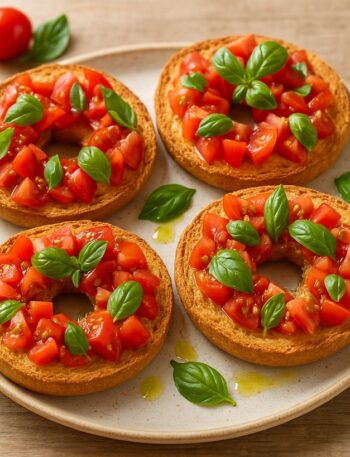 Friselle condite con pomodorini, basilico e olio extravergine d’oliva