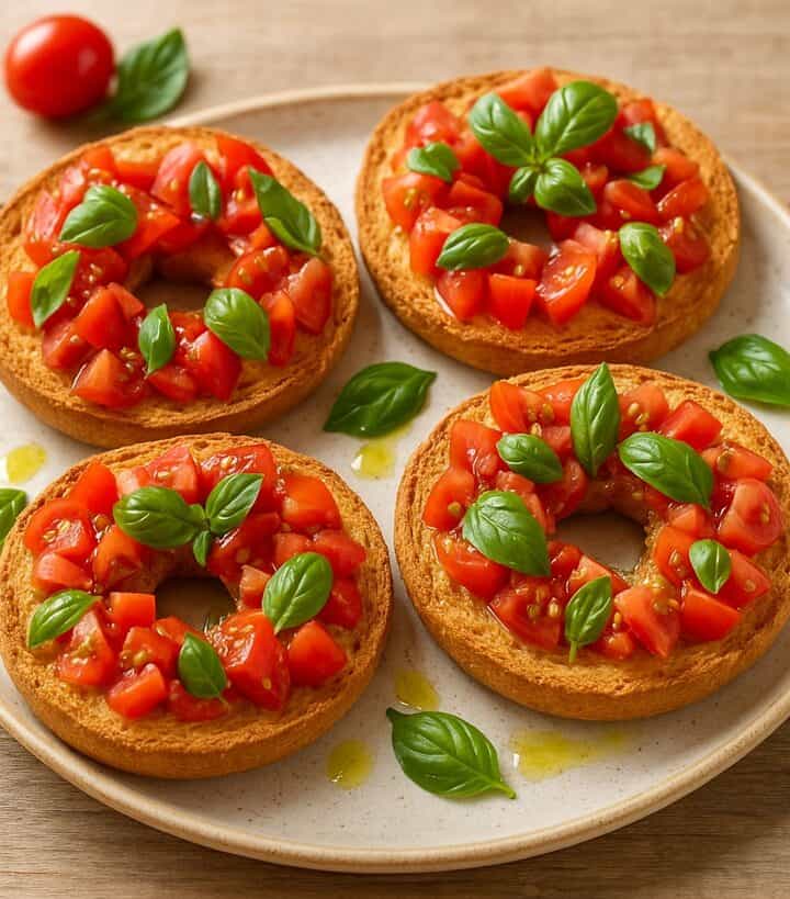 Friselle condite con pomodorini, basilico e olio extravergine d’oliva