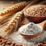 Polvere bianca di frumina in un cucchiaio di legno, con chicchi di grano accanto