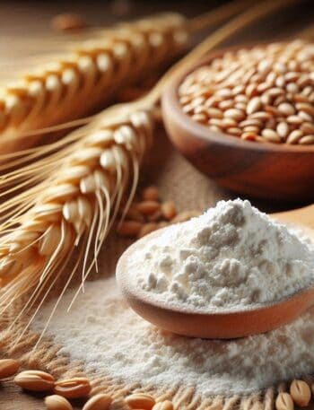 Polvere bianca di frumina in un cucchiaio di legno, con chicchi di grano accanto