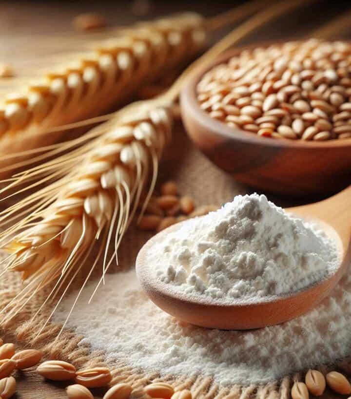 Polvere bianca di frumina in un cucchiaio di legno, con chicchi di grano accanto