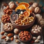 Varietà di frutta secca disposte in ciotole