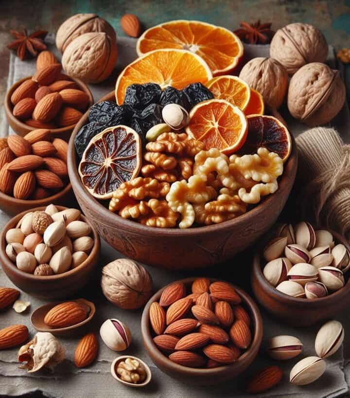 Varietà di frutta secca disposte in ciotole