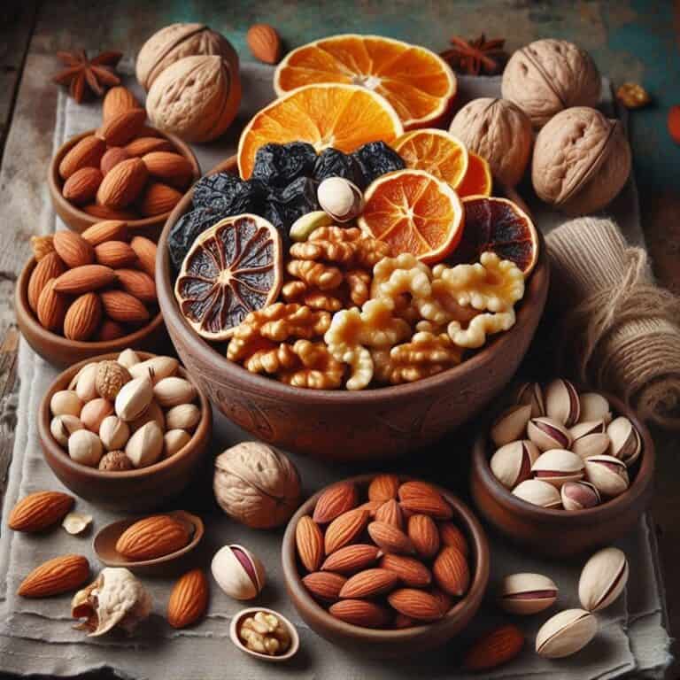 Varietà di frutta secca disposte in ciotole
