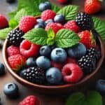Frutti di bosco assortiti disposti su un tavolo con foglie verdi