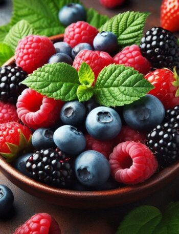 Frutti di bosco assortiti disposti su un tavolo con foglie verdi