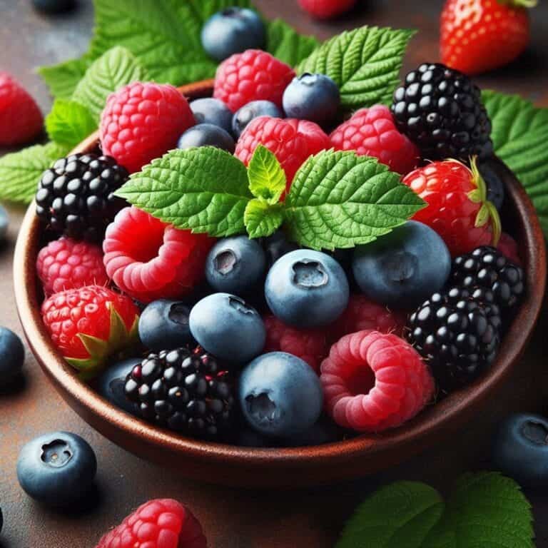 Frutti di bosco assortiti disposti su un tavolo con foglie verdi