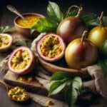Frutto della passione aperto, con polpa succosa e semi visibili