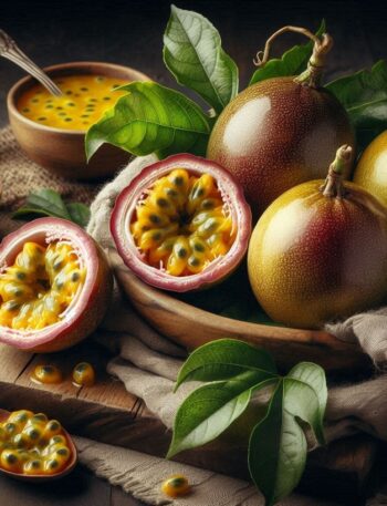 Frutto della passione aperto, con polpa succosa e semi visibili