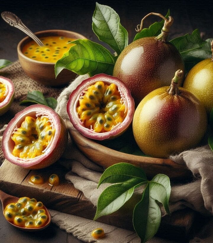 Frutto della passione aperto, con polpa succosa e semi visibili