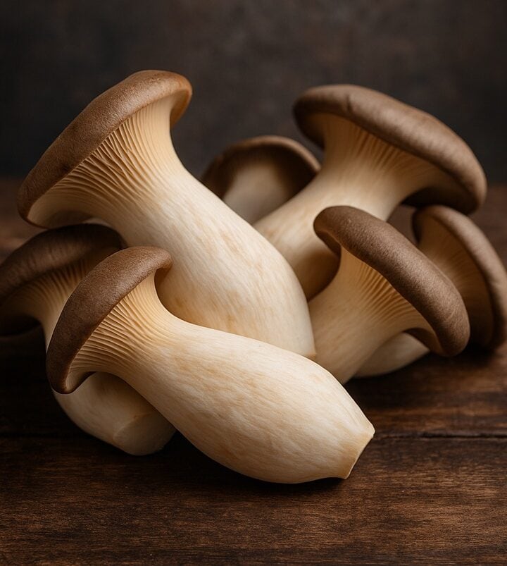 Gruppo di funghi cardoncelli con cappelli marroni e gambi chiari su tavolo in legno