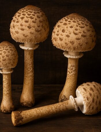 Quattro funghi Mazza di Tamburo con cappelli beige e gambi alti su tavolo in legno