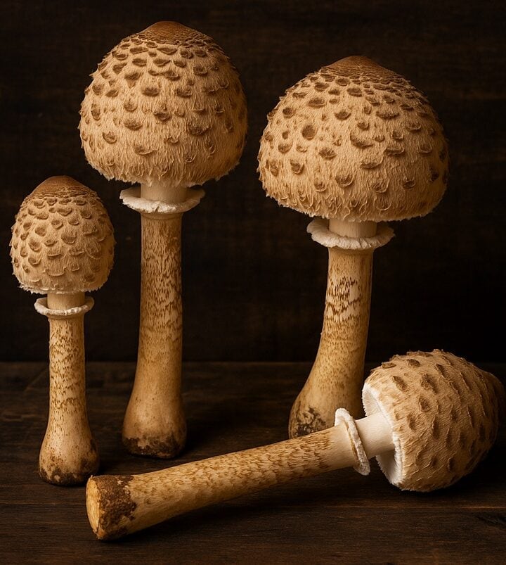 Quattro funghi Mazza di Tamburo con cappelli beige e gambi alti su tavolo in legno