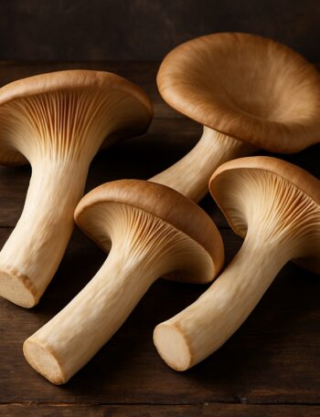 Quattro funghi Pleurotus con cappelli marroni e gambi spessi disposti su superficie rustica