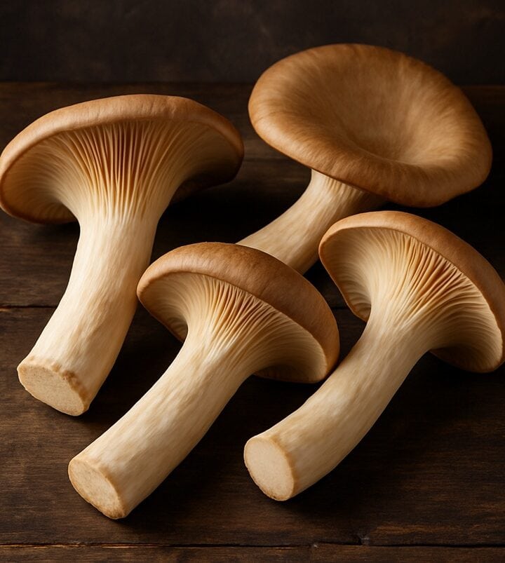 Quattro funghi Pleurotus con cappelli marroni e gambi spessi disposti su superficie rustica