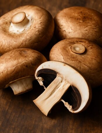 Quattro funghi Portobello freschi, uno dei quali tagliato a metà, su sfondo in legno
