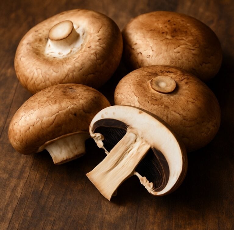 Quattro funghi Portobello freschi, uno dei quali tagliato a metà, su sfondo in legno