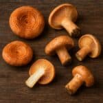 Funghi Sanguinelli interi e tagliati su tavolo in legno scuro con cappelli arancio e lamelle chiare