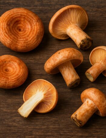 Funghi Sanguinelli interi e tagliati su tavolo in legno scuro con cappelli arancio e lamelle chiare