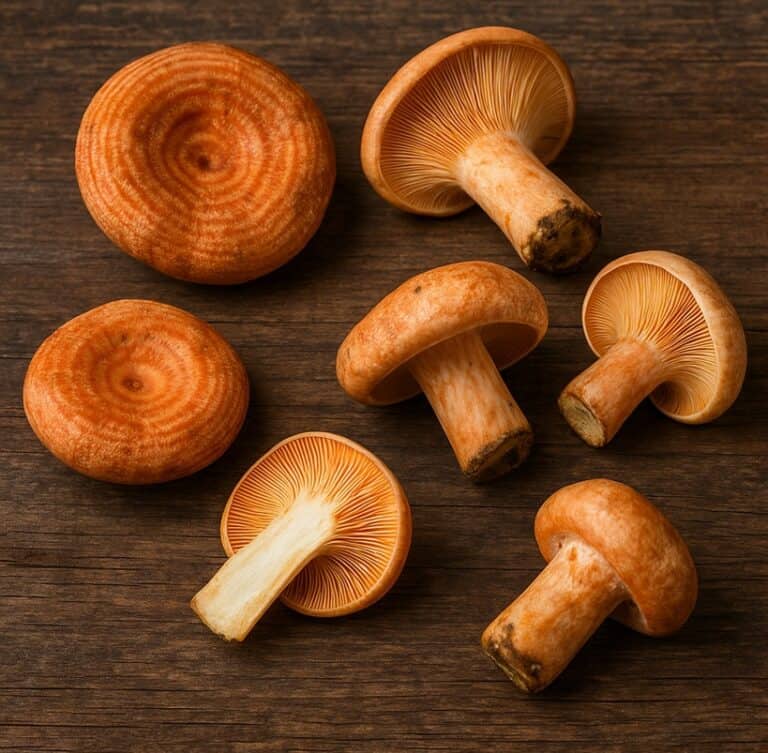 Funghi Sanguinelli interi e tagliati su tavolo in legno scuro con cappelli arancio e lamelle chiare