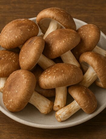 Funghi shiitake interi con cappelle marroni e gambo chiaro su piatto chiaro