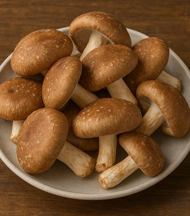 Funghi shiitake interi con cappelle marroni e gambo chiaro su piatto chiaro