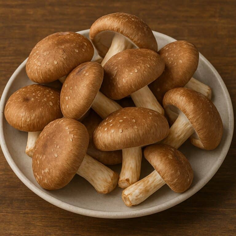 Funghi shiitake interi con cappelle marroni e gambo chiaro su piatto chiaro