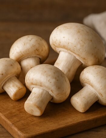 Funghi champignon bianchi su tagliere di legno con sfondo rustico sfocato