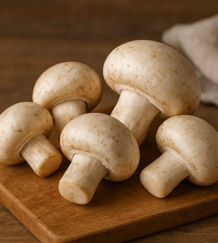 Funghi champignon bianchi su tagliere di legno con sfondo rustico sfocato