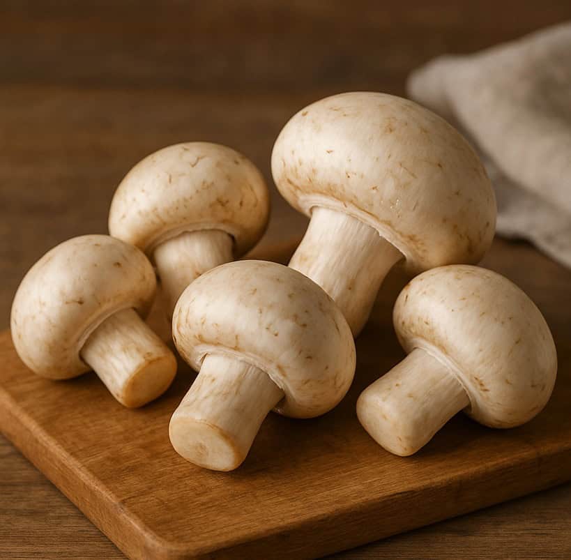 Funghi champignon bianchi su tagliere di legno con sfondo rustico sfocato