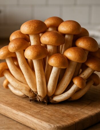 Gruppo di funghi chiodini freschi su tagliere in legno con sfondo cucina