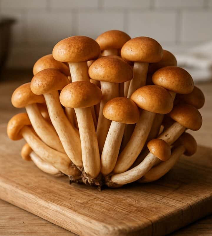 Gruppo di funghi chiodini freschi su tagliere in legno con sfondo cucina