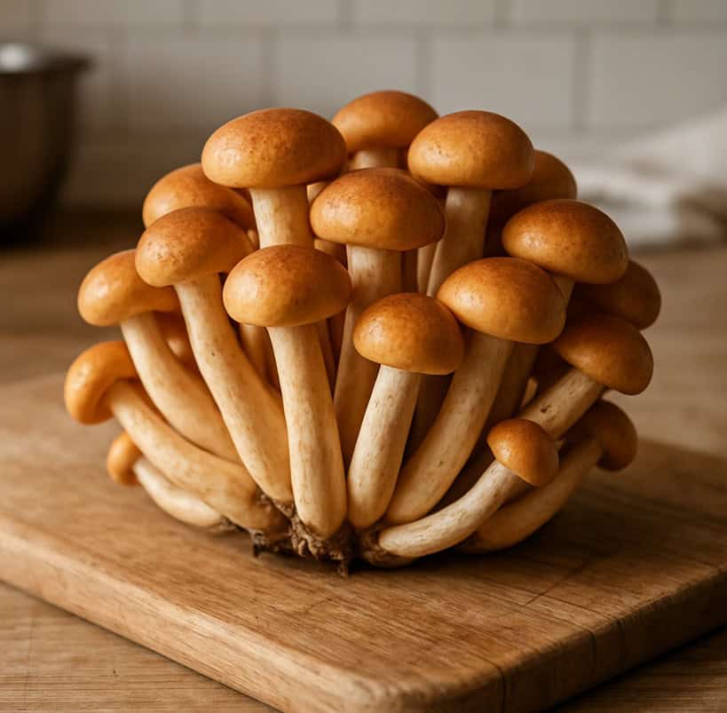 Gruppo di funghi chiodini freschi su tagliere in legno con sfondo cucina